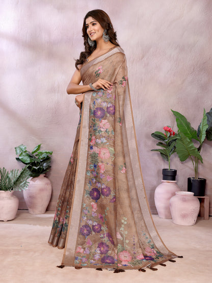 Beige Linen Cotton Saree With Digital Printed Work And Silver Zari Border