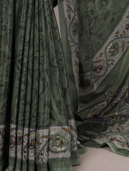Mahendi Green Crepe Silk Saree with Digital Print & Kalamkari Pallu | Designer Festive Ethnic Wear – JaipurSaaj