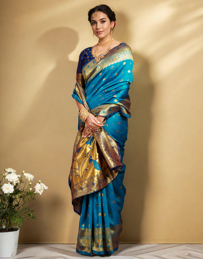Traditional Firoji Paithani Silk Saree With Zari Weaving Work