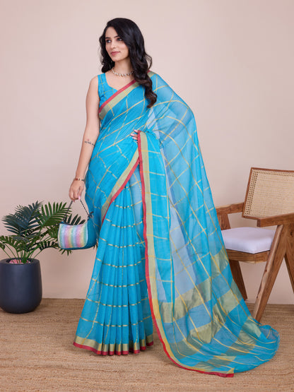 Sky Blue Kota Doriya Saree With Zari Weaving Work