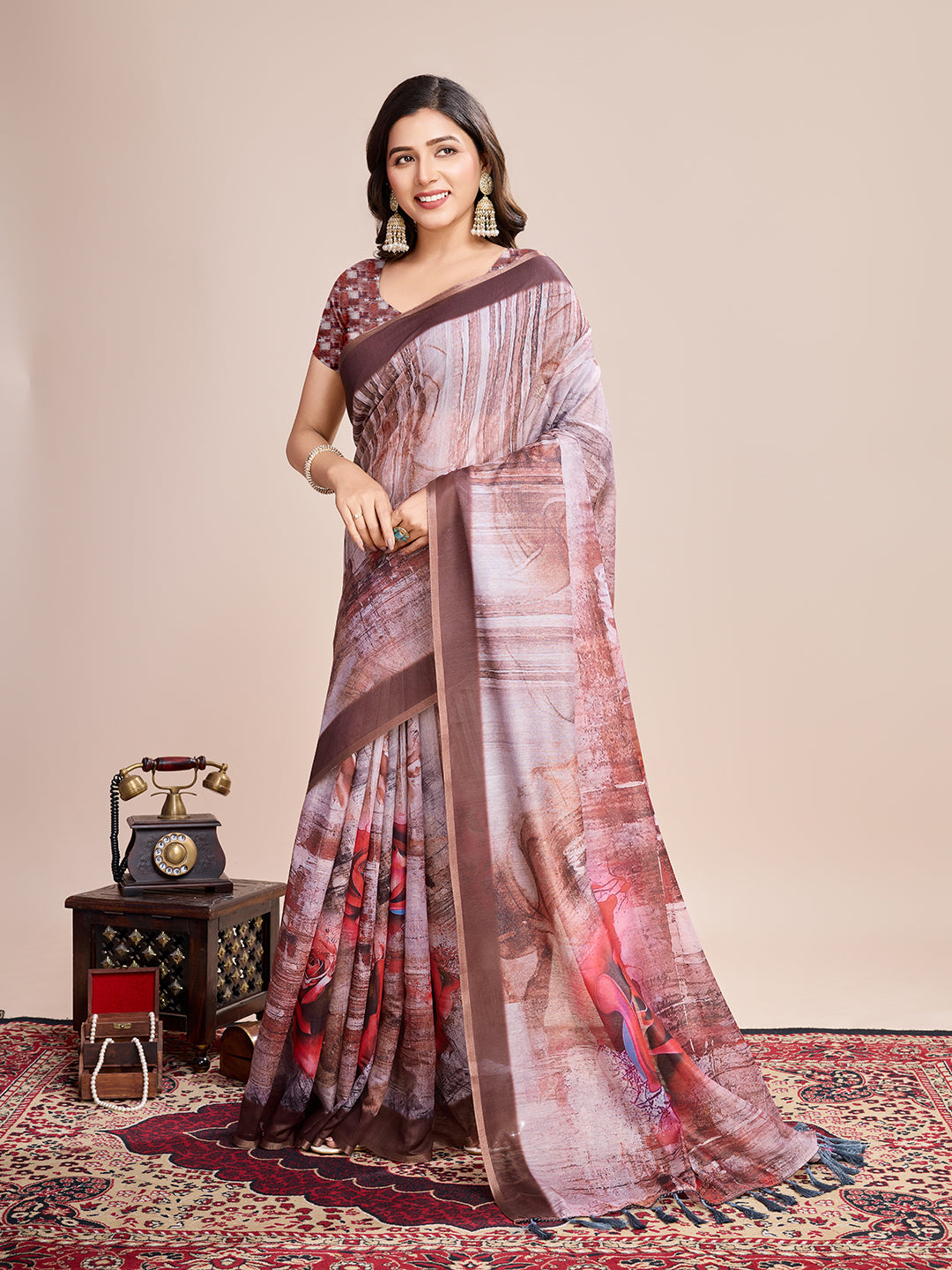 Brown Soft Linen Cotton Saree With Floral Printed Work