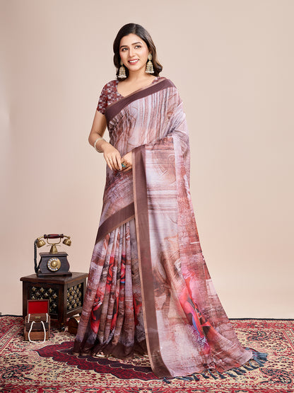 Brown Soft Linen Cotton Saree With Floral Printed Work