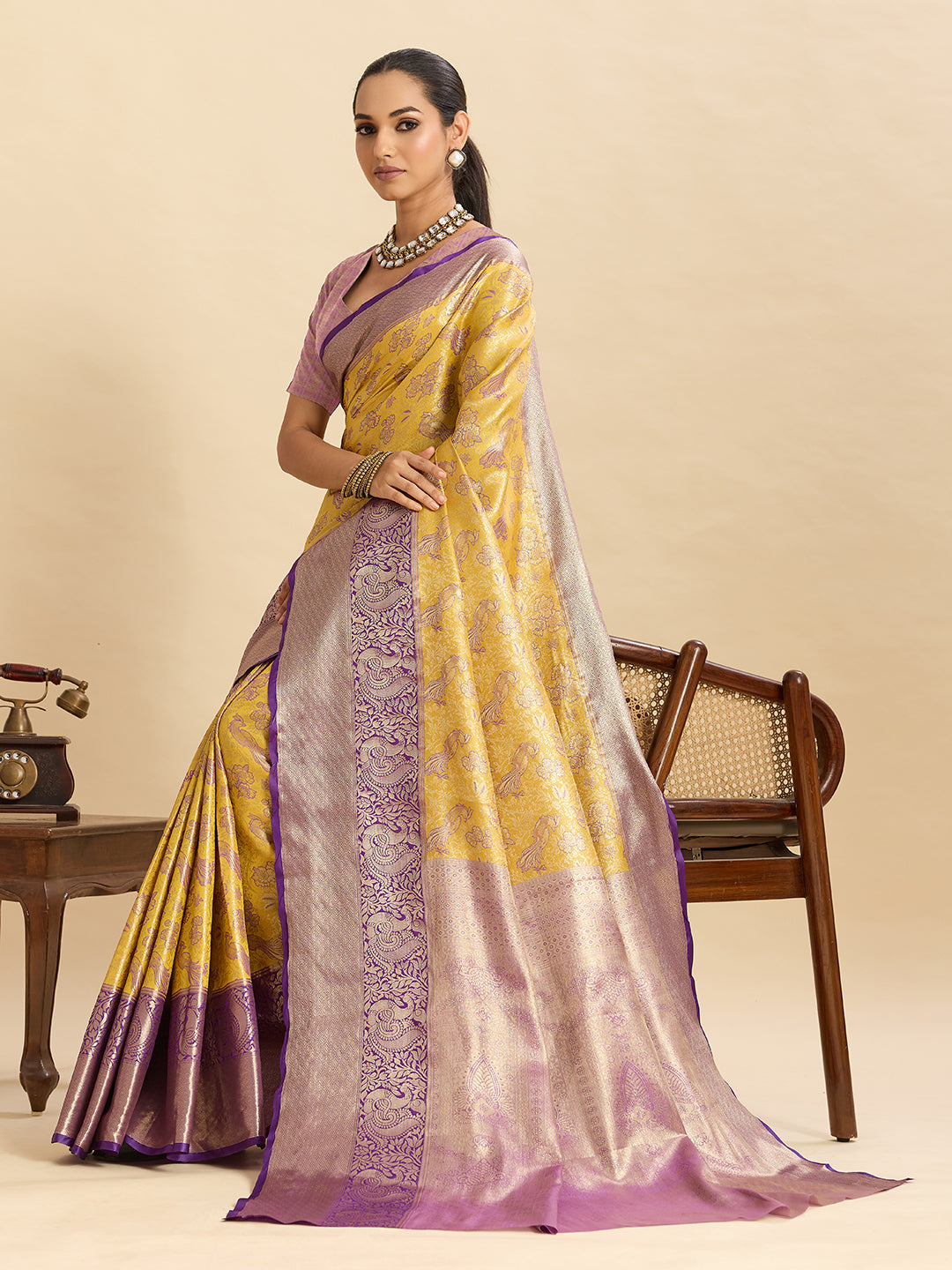Yellow Kanjivaram Silk Saree with Zari Weaving Work & Big Border | Bridal Wedding Wear – JaipurSaaj