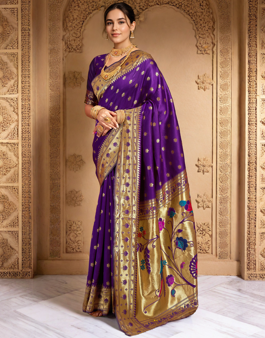 Traditional Purple Paithani Silk Saree With Zari Weaving Work