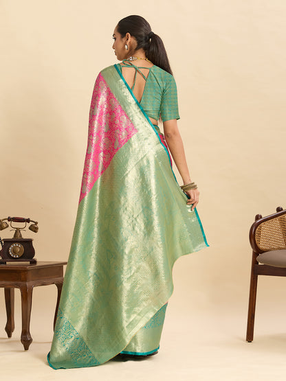 Pink Kanjivaram Silk Saree with Zari Weaving Work & Big Border | Bridal Wedding Wear – JaipurSaaj