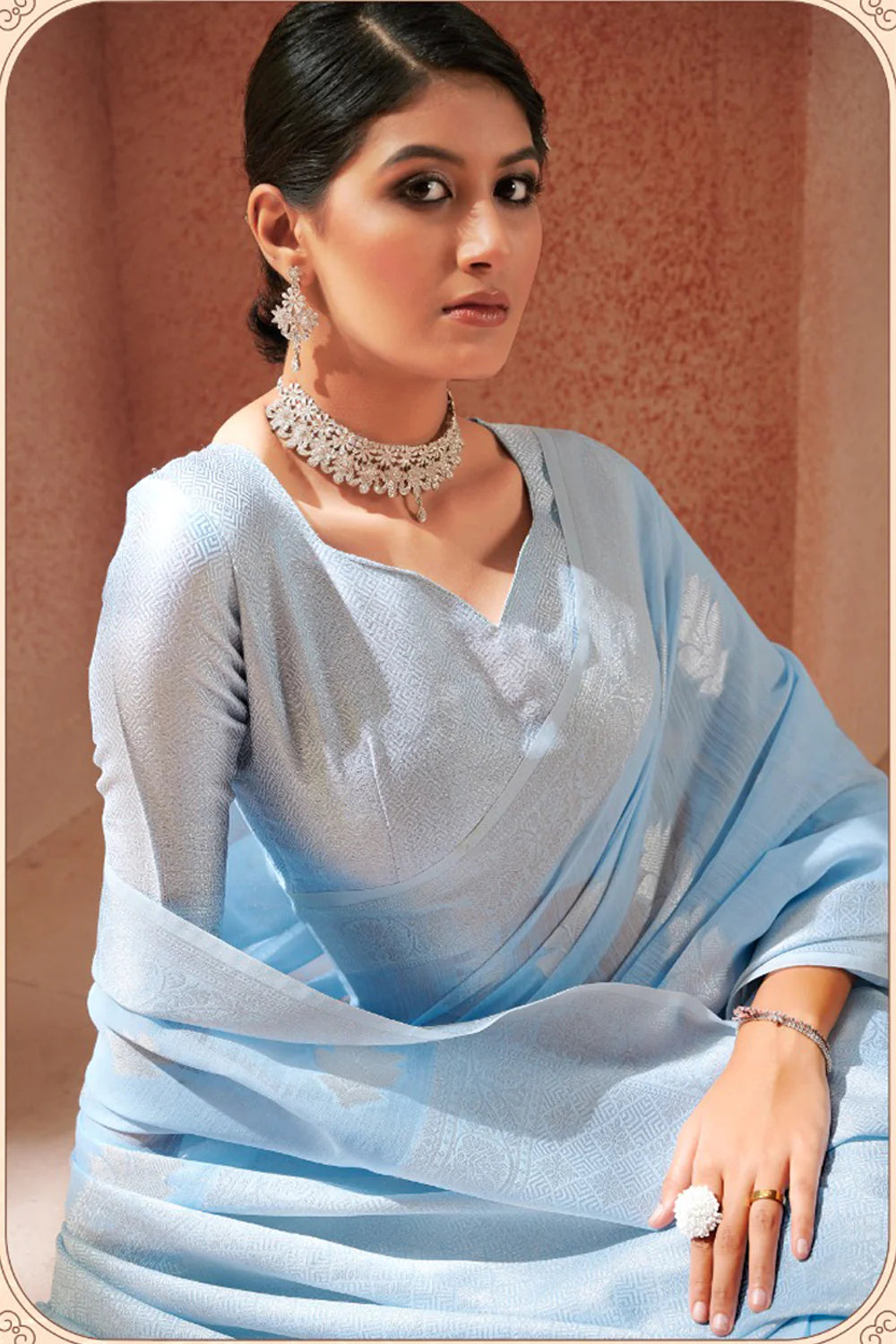 Sky Blue Soft Linen Silk Saree With Zari Weaving Work | Elegant Festive & Wedding Wear – JaipurSaaj