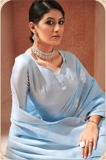 Sky Blue Soft Linen Silk Saree With Zari Weaving Work | Elegant Festive & Wedding Wear – JaipurSaaj