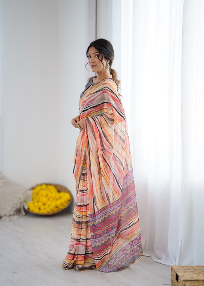 Multi Georgette Saree With Printed And Mirror Work With Arco Border