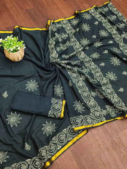 Rama Green Muslin Cotton Silk Saree With Hand Block Print & Zari Border | Ethnic Wear – JaipurSaaj