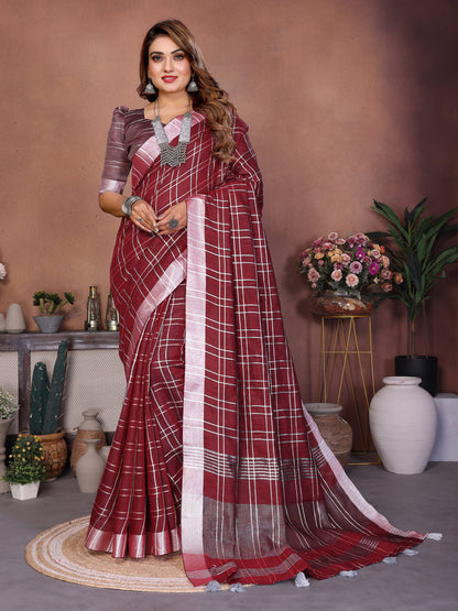 Red Linen Cotton Saree With Silver Zari Border