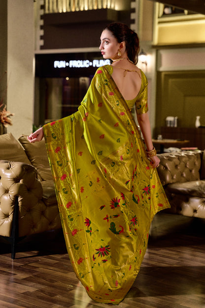 Traditional Parrot Green Paithani Silk Saree With Zari Weaving Work