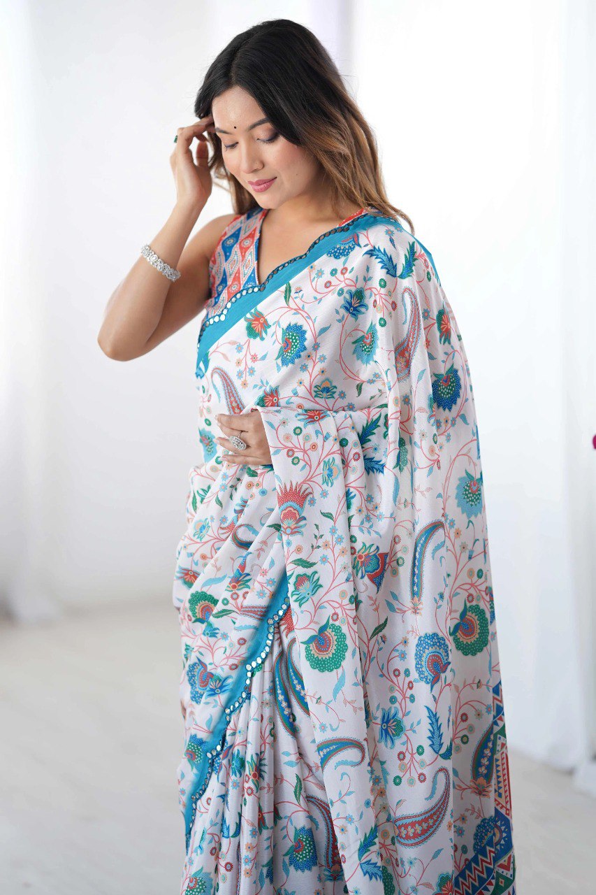 White Georgette Saree With Printed And Mirror Work With Arco Border