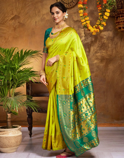 Traditional Parrot Green Paithani Silk Saree With Zari Weaving Work