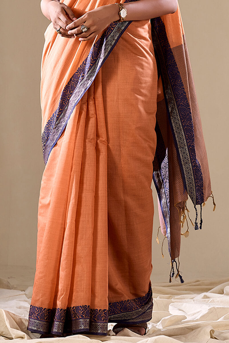 Orange linen cotton saree with weaving work