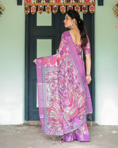 Pink Kalamkari Digital Printed Linen Cotton Saree | Summer Casual & Ethnic Wear – JaipurSaaj