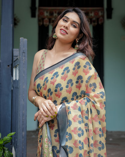 Multi Floral Digital Printed Linen Cotton Saree