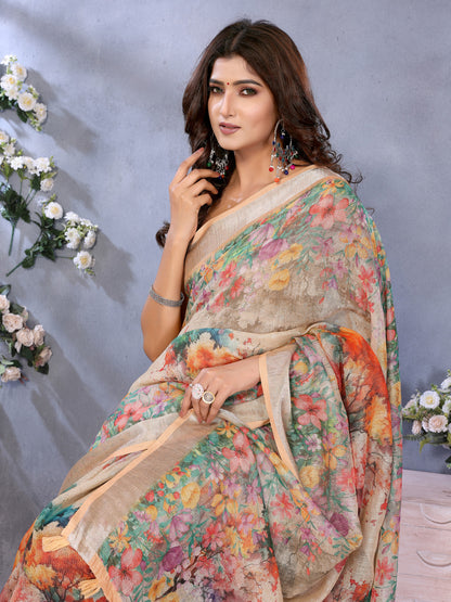 Beige Linen Cotton Saree With Digital Printed Work And Silver Zari Border