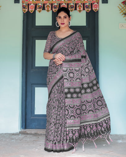 Black Soft Linen Cotton Saree With Ajarakh Digital Printed Work