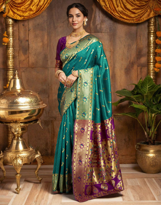 Traditional Rama Green Paithani Silk Saree With Zari Weaving Work