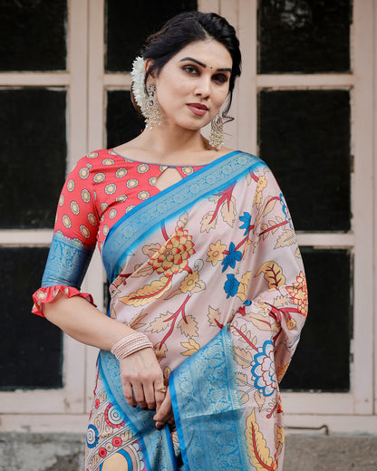 Multi Kalamakari Floral Printed Tussar Silk Saree With Zari Motif Border | Festive Ethnic Wear – JaipurSaaj