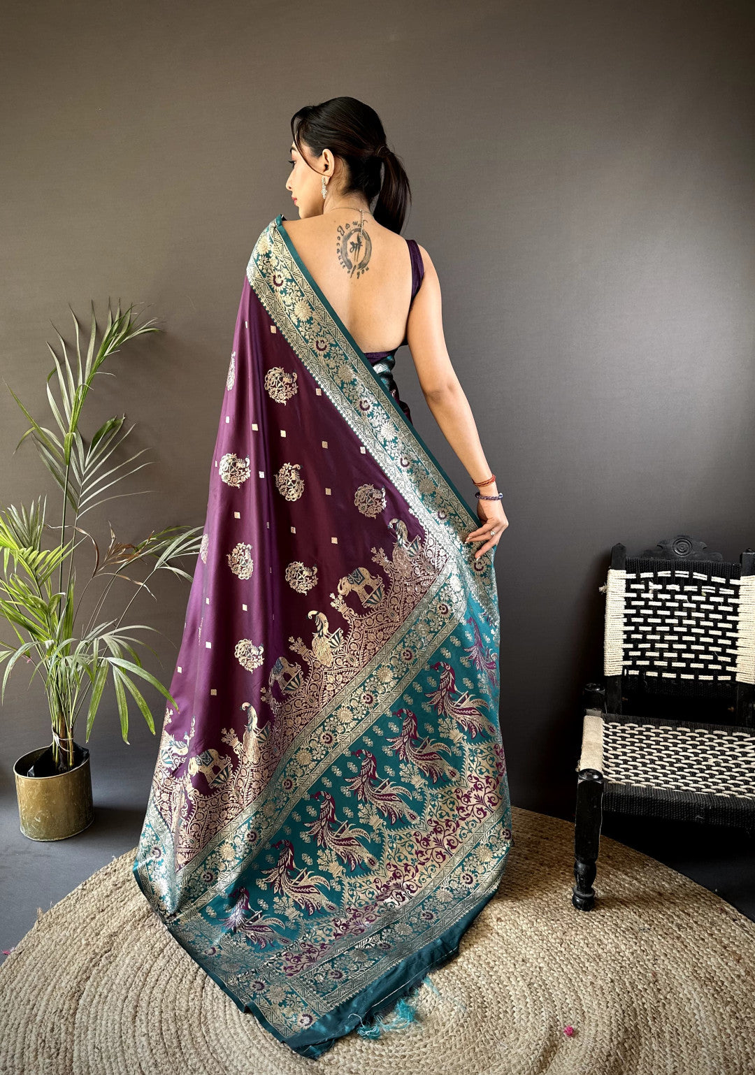 Wine Banarasi Silk Saree With Meenakari Zari Weaving Work | Bridal Wedding Wear – JaipurSaaj