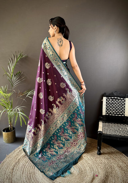 Wine Banarasi Silk Saree With Meenakari Zari Weaving Work | Bridal Wedding Wear – JaipurSaaj