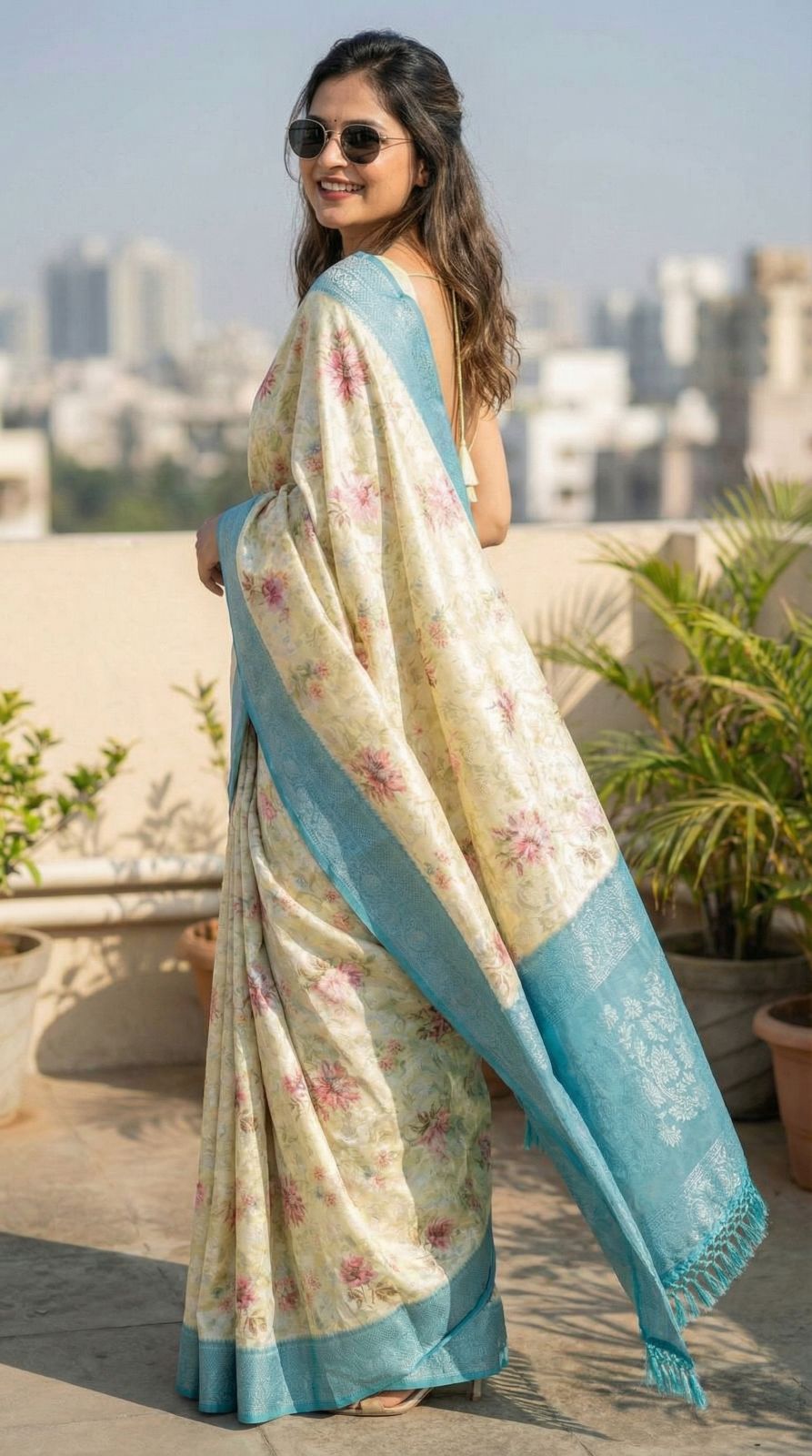 Pista Green Brasso Silk Saree With Floral Print & Pink Zari Border | Party & Festive Wear – JaipurSaaj