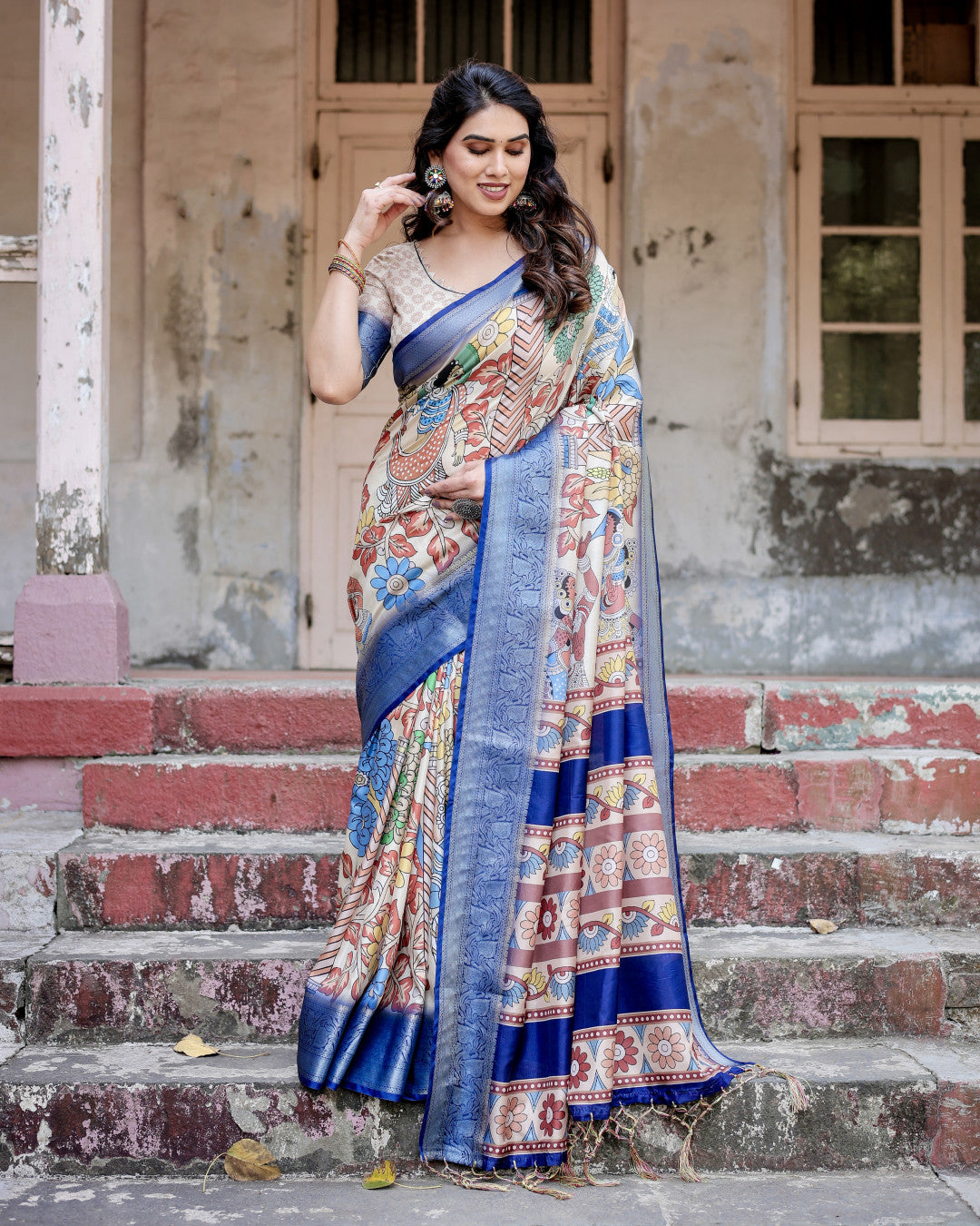 Multi Kalamakari Floral Printed Tussar Silk Saree With Zari Motif Border | Festive Ethnic Wear – JaipurSaaj