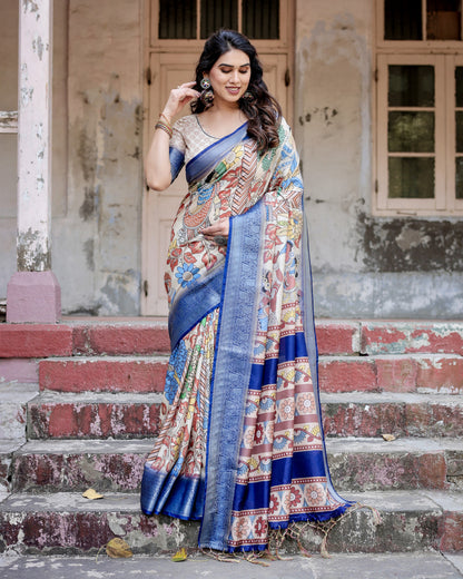 Multi Kalamakari Floral Printed Tussar Silk Saree With Zari Motif Border | Festive Ethnic Wear – JaipurSaaj