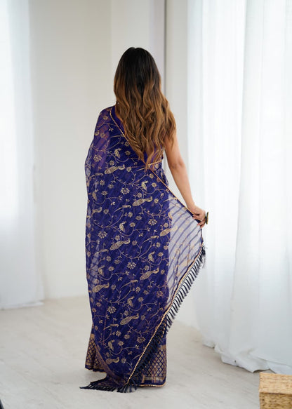 Violet Color Georgette Saree With Digital Printed Work And Lace Border