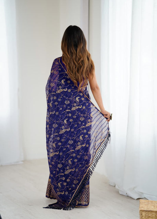 Violet Color Georgette Saree With Digital Printed Work And Lace Border