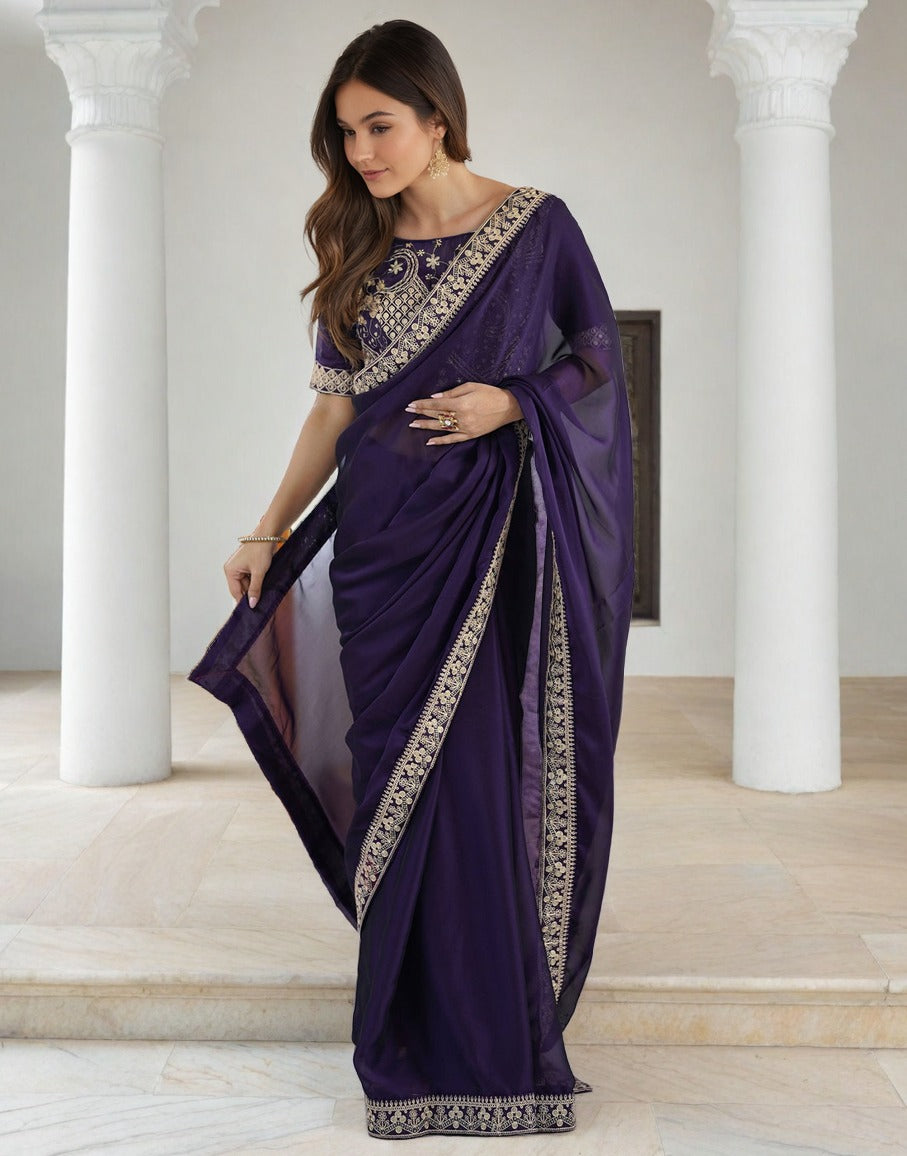 Purple Fancy Rangoli Silk Saree Coding Sequence Work And Multi Lace Border