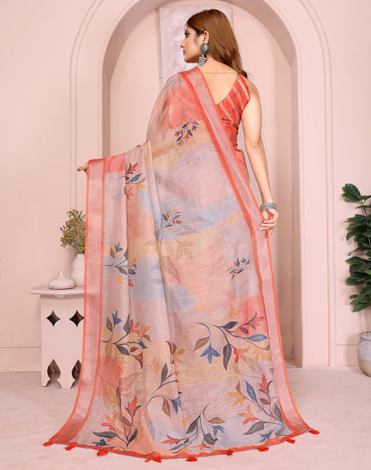 Multi Color Linen Cotton Saree With Digital Printed Work And Silver Zari Border