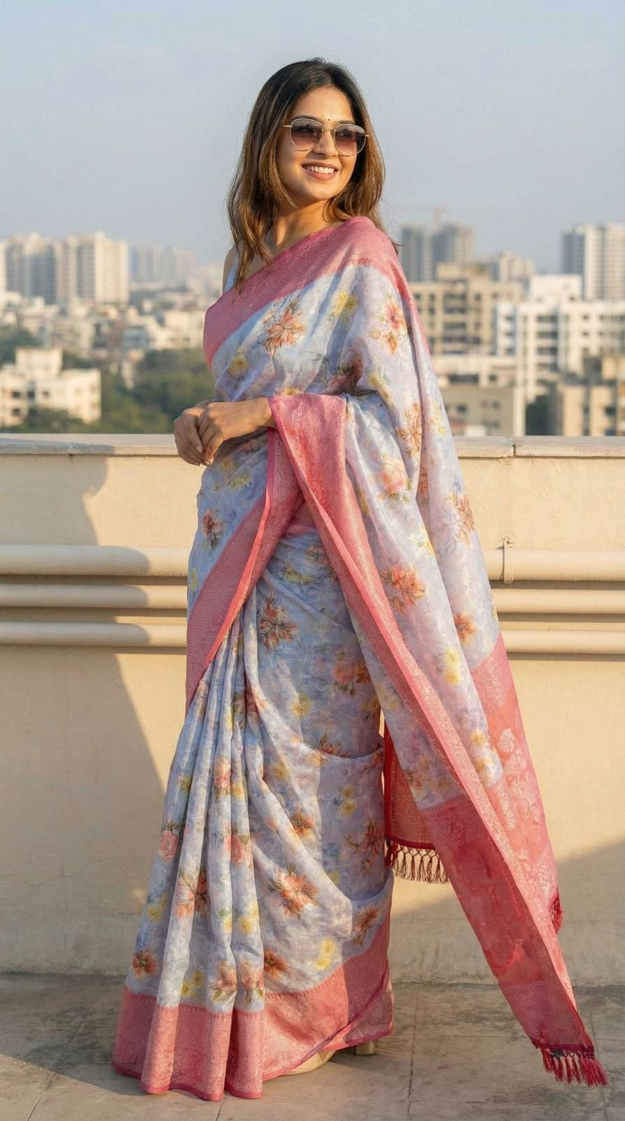 Lavender Brasso Silk Saree With Floral Print & Pink Zari Border | Party & Festive Wear – JaipurSaaj