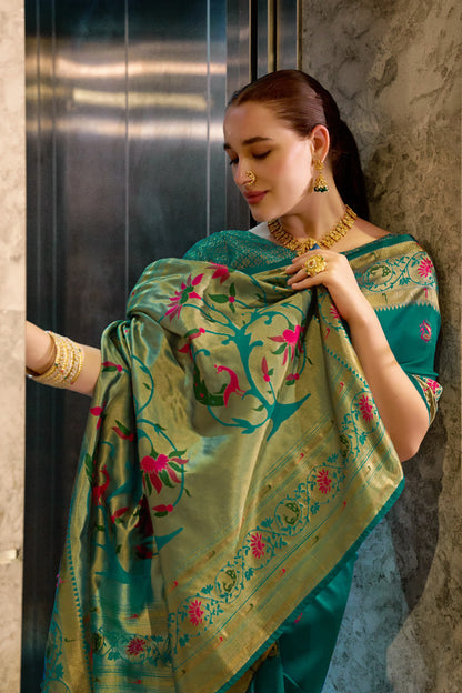 Traditional Rama Green Paithani Silk Saree With Zari Weaving Work