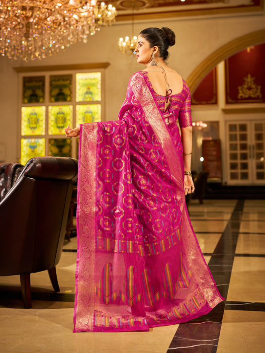 Rani Pink Green Organza Silk Saree with Zari Weaving Work | Wedding & Festive Wear – JaipurSaaj