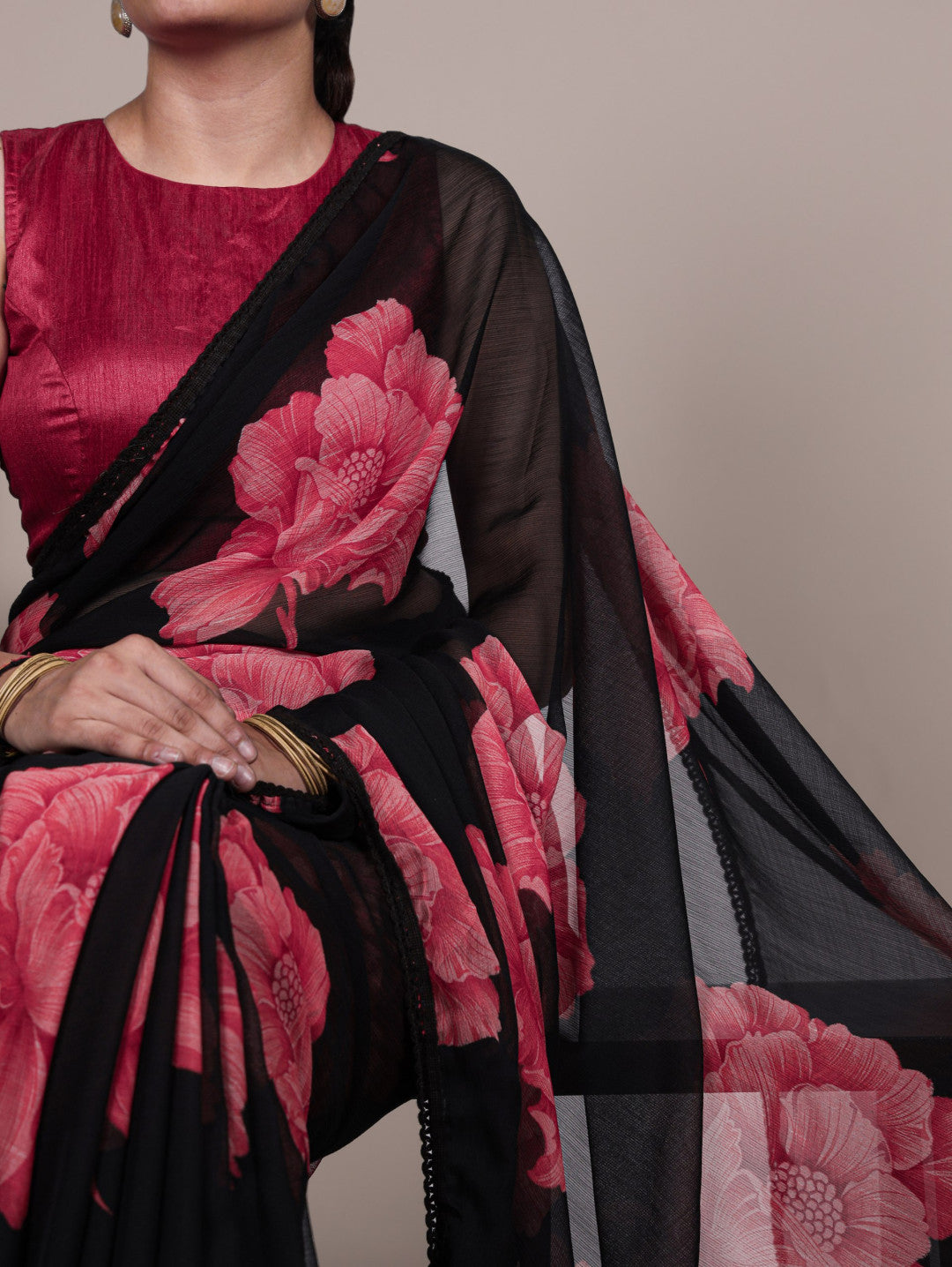 Black Chiffon Saree with Floral Printed Work & Lace Border | Designer Party Wear – JaipurSaaj