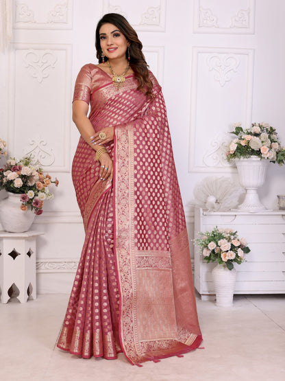 Dusty Pink Organza Silk Banarasi Saree With Zari Weaving  Work | Bridal Wedding & Festive Wear – JaipurSaaj