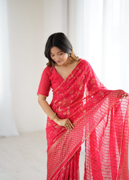 Pink Color Georgette Saree With Digital Printed Work And Lace Border