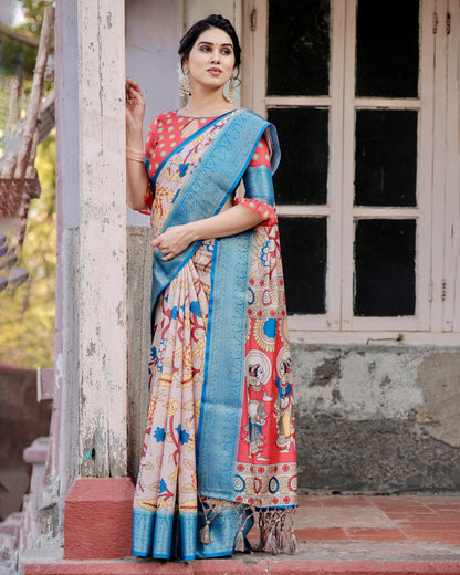 Multi Kalamakari Floral Printed Tussar Silk Saree With Zari Motif Border | Festive Ethnic Wear – JaipurSaaj