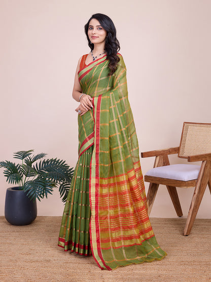 Mahendi Green Kota Doriya Saree With Zari Weaving Work | Lightweight Daily Wear – JaipurSaaj