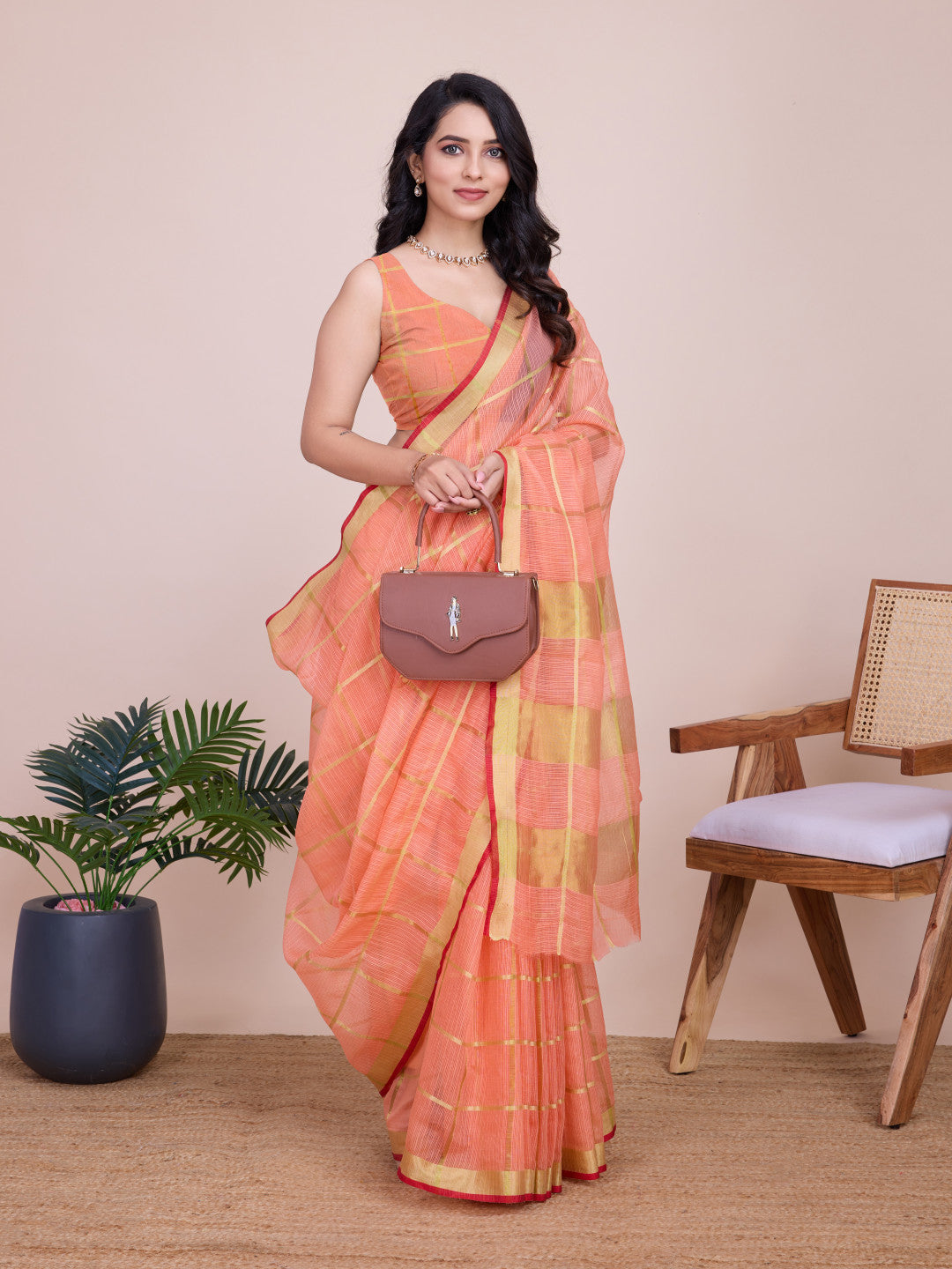 Peach Kota Doriya Saree With Zari Weaving Work