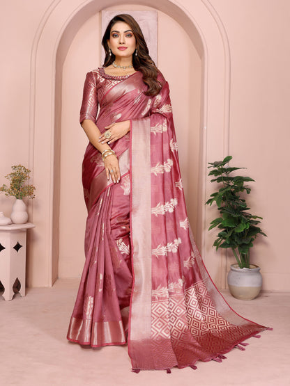 Dusty Pink Organza Silk Banarasi Saree With Zari Weaving Work | Wedding & Festive Wear – JaipurSaaj