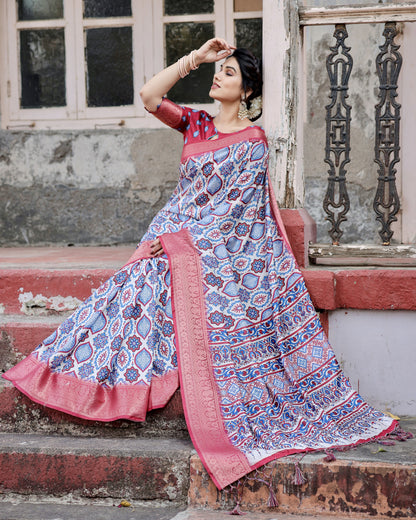 Multi Color Digital Printed Tussar Silk Saree With Zari Motif Border | Traditional Festive Ethnic Wear – JaipurSaaj