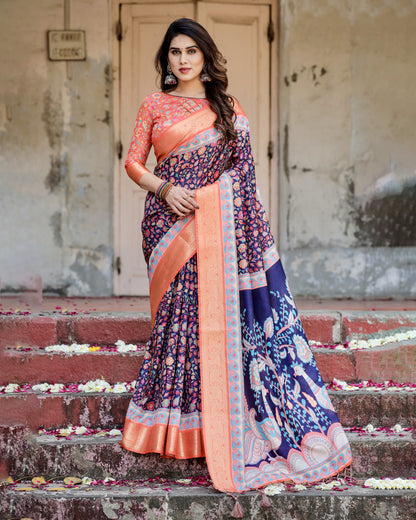 Multi Kalamakari Floral Printed Tussar Silk Saree With Zari Motif Border | Festive Ethnic Wear – JaipurSaaj