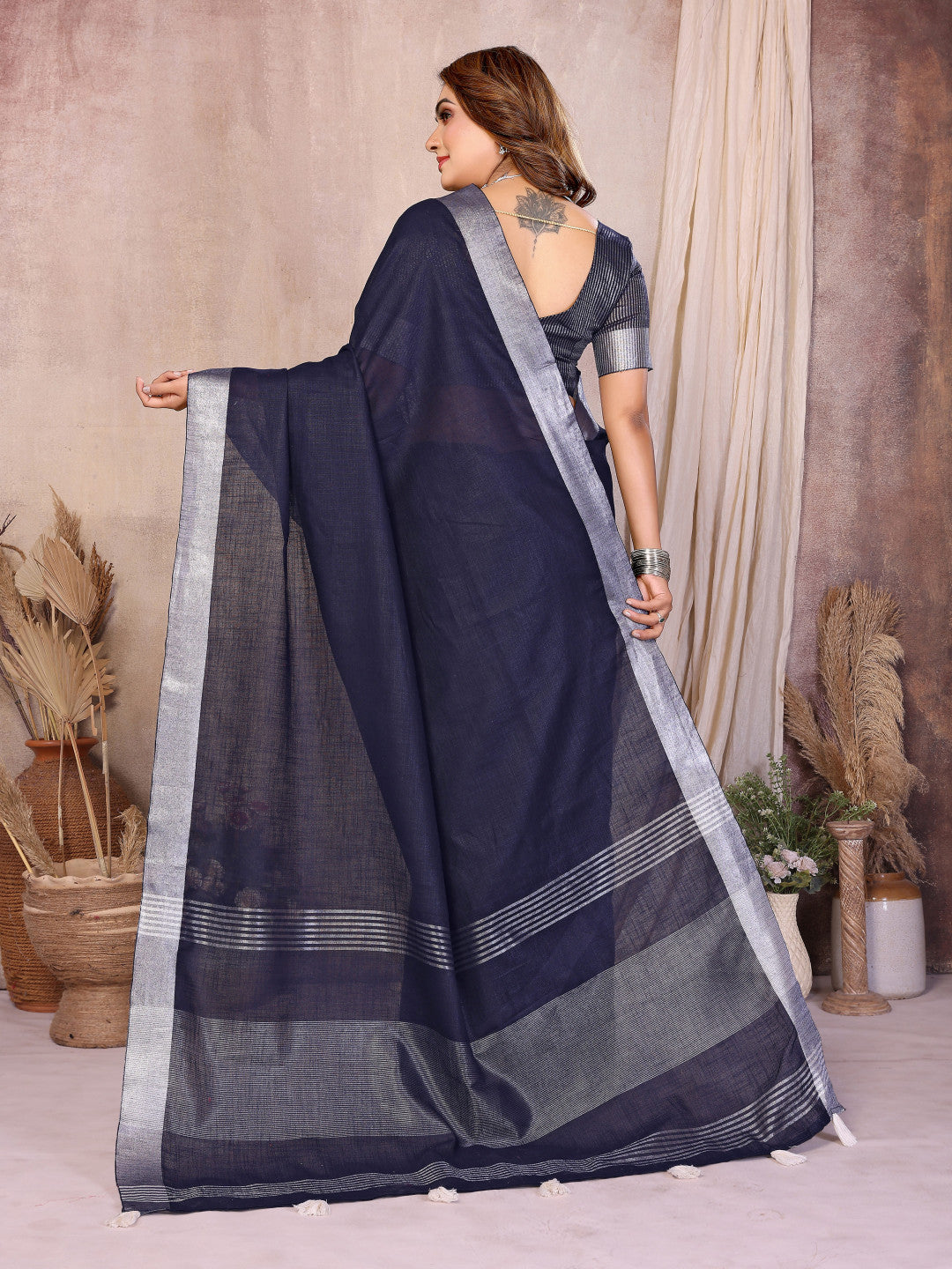 Navy Blue Linen Cotton Saree With Silver Zari Border | Office & Festive Wear – JaipurSaaj