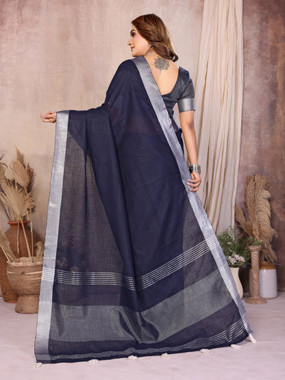 Navy Blue Linen Cotton Saree With Silver Zari Border | Office & Festive Wear – JaipurSaaj
