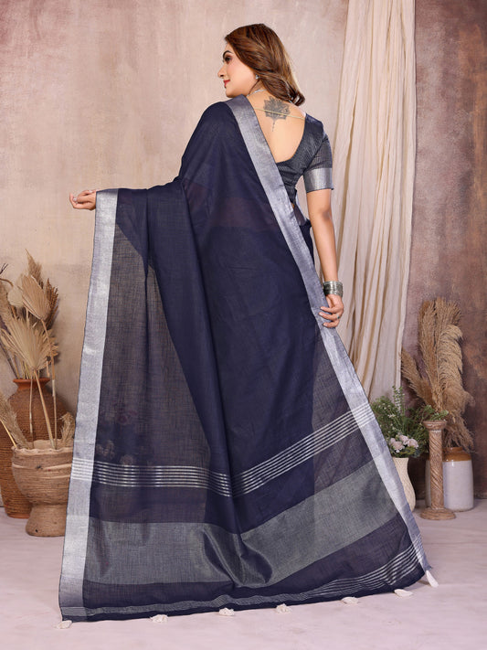 Navy Blue Linen Cotton Saree With Silver Zari Border