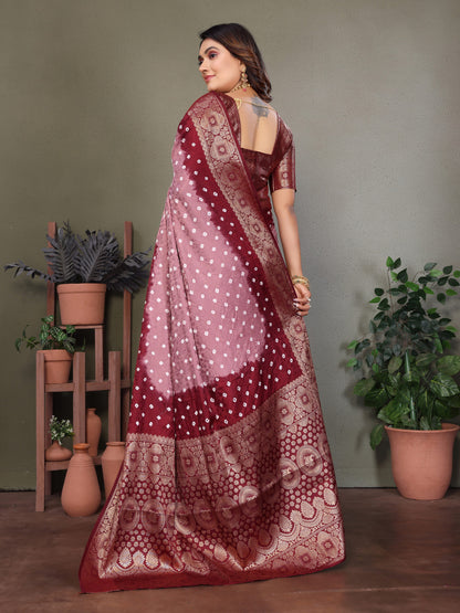 Light Coffee & Maroon Bandhej Silk Saree With Zari Weaving Work | Festive Wedding Wear – JaipurSaaj