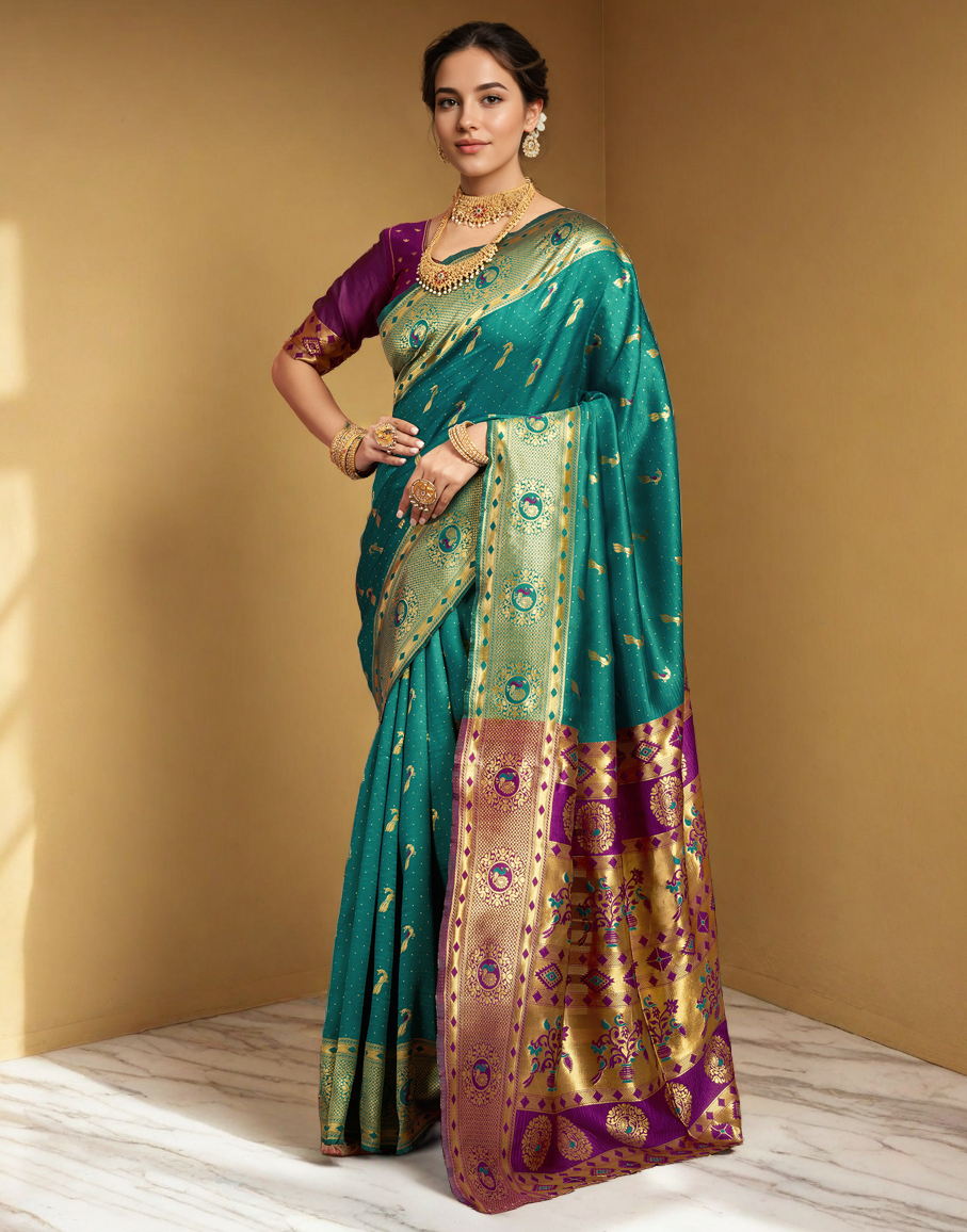 Traditional Rama Green Paithani Silk Saree With Zari Weaving Work